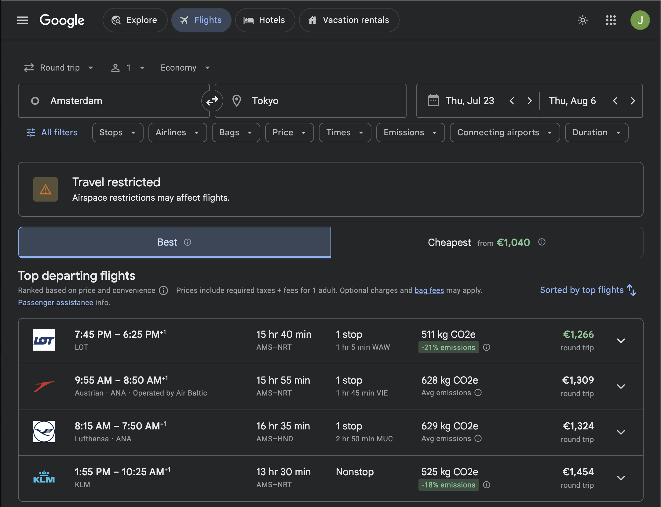 AMS > Tokyo Google Flights Search Results