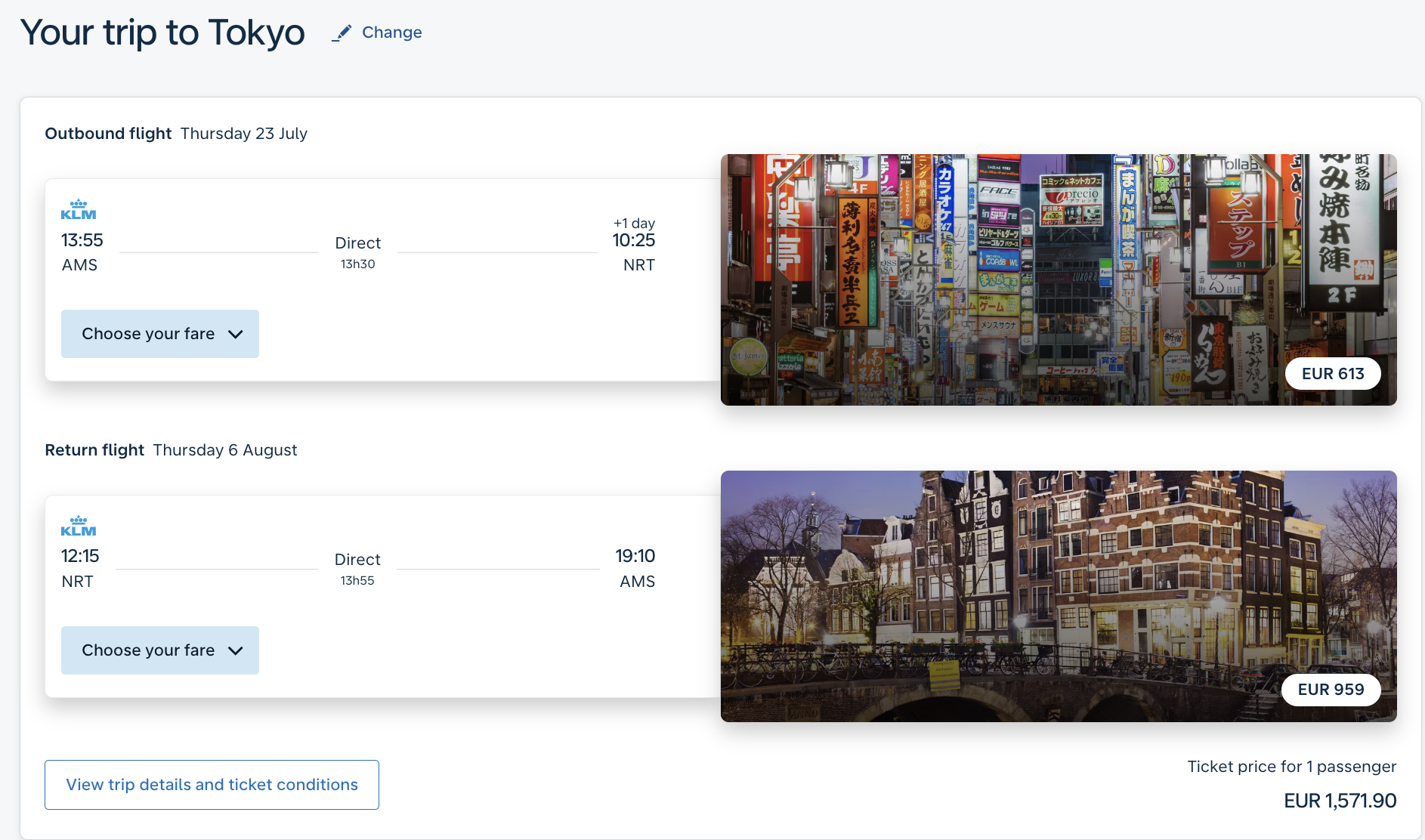 KLM AMS > NRT return on KLM website with a check-in bag