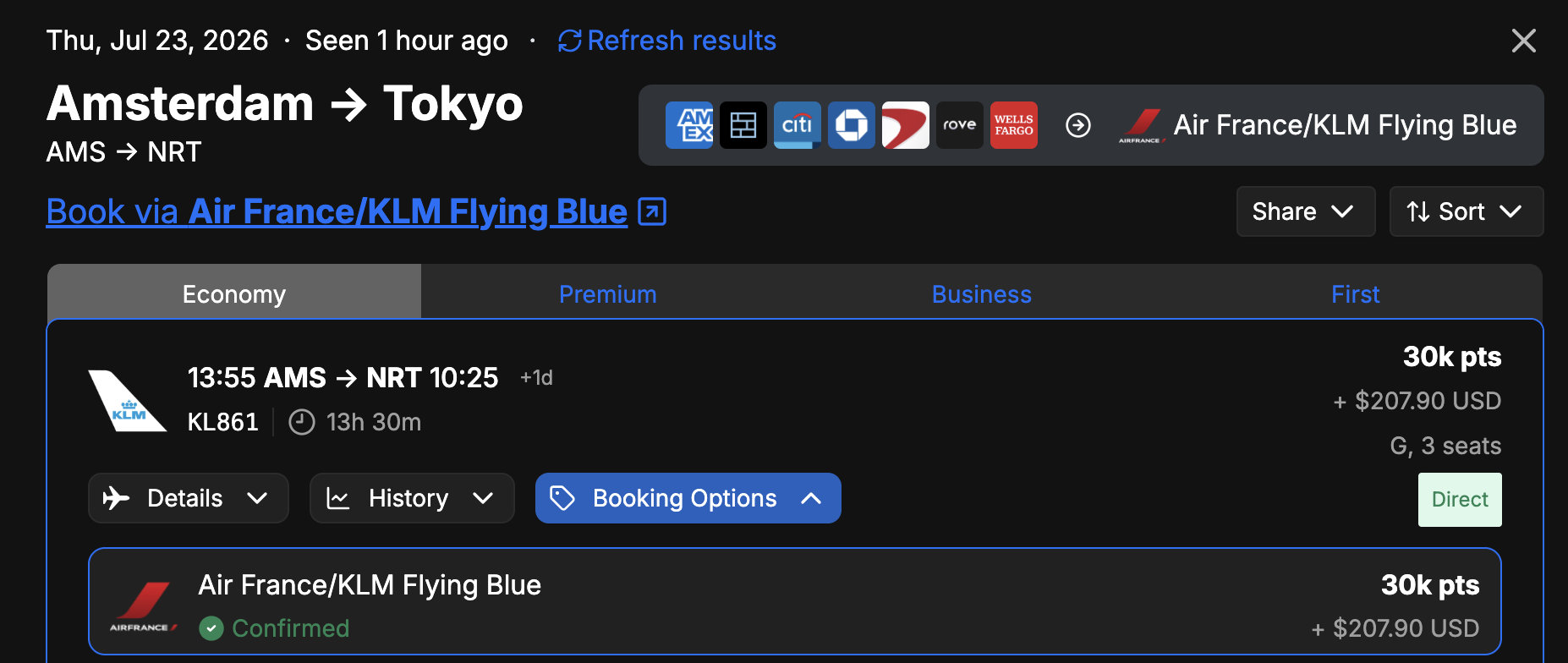 Seats.aero Japan NRT 30k Flying Blue points